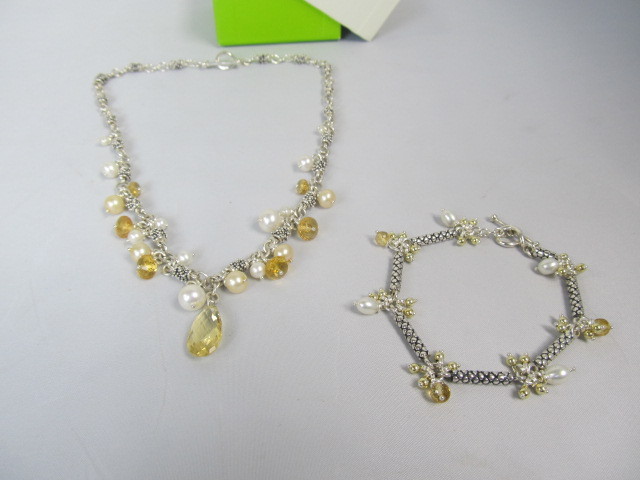 lot 132 image: Michael Dawkins Sterling Silver Pearl wCut Yellow Gemstone Necklace & Bracelet
