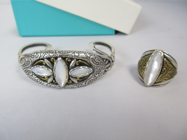 lot 133 image: Sterling Silver Bronze Mother Of Pearl Bracelet & Ring