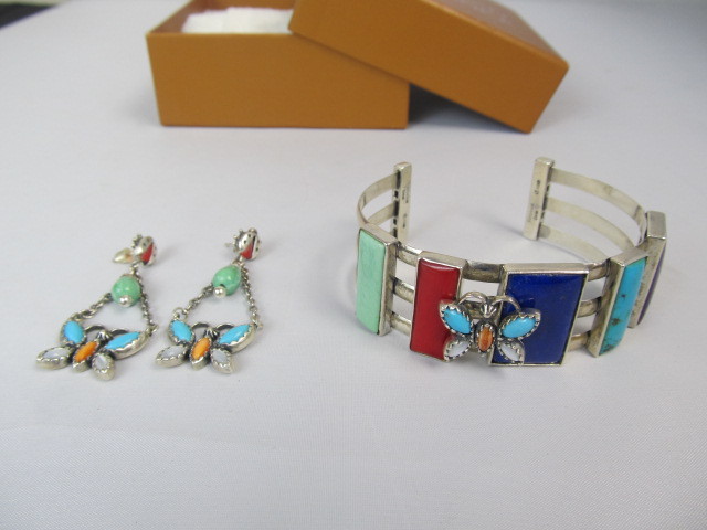 lot 136 image: Veronica Benally Sterling Silver Multi Gemstone Butterfly Bracelet & Earrings 