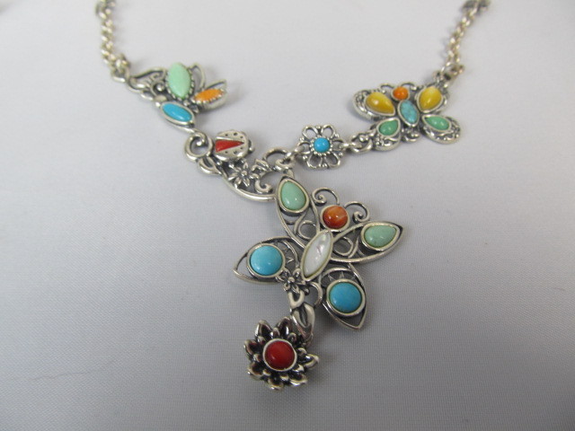 lot 139 image: Veronica Benally Sterling Silver Multi Gemstone Butterfly Ladybug Necklace & Earrings