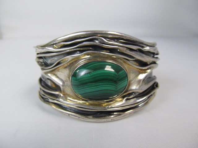 lot 141 image: Large Dominique Dinouart Sterling Silver & Malachite Cuff Bracelet