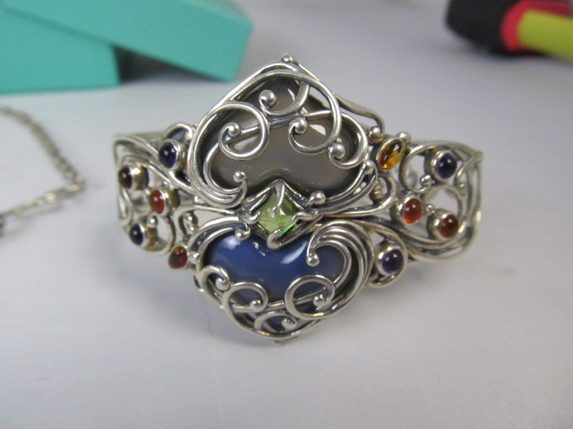lot 143 image: Sterling Silver Multi Gemstone Statement Necklace & Bracelet