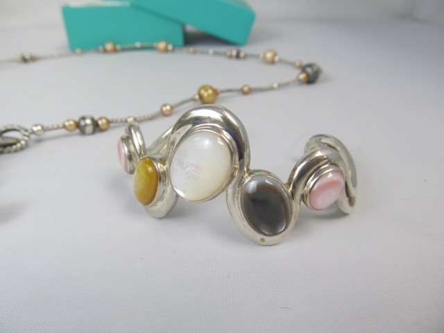 lot 144 image: Sterling Silver Multi Gemstone Pearls Cross Pendant Necklace Bracelet & Earrings