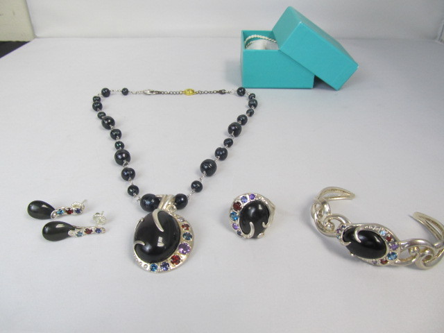 lot 145 image: Sterling Silver Black Onyx Multi Gemstone Necklace Bracelet Ring & Earrings