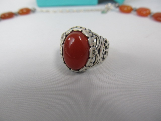 lot 146 image: Sterling Silver Polished Gemstone Red Coral Necklace & Ring