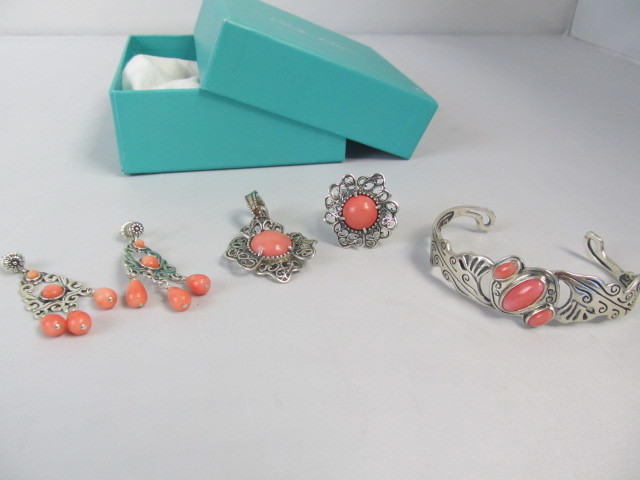 lot 151 image: Sterling Silver wPink Gemstone Pendant Bracelet Ring & Earrings