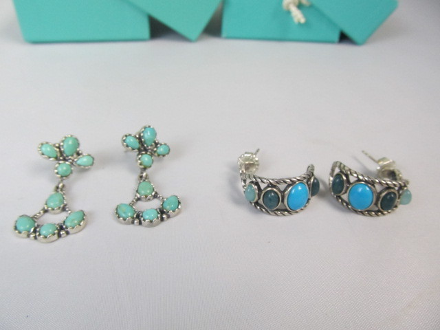 lot 161 image: 2 Pairs of Sterling Silver Turquoise Blue Gemstone Earrings