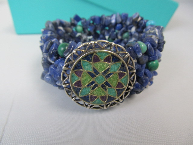 lot 166 image: Multi Blue Gemstone Inlaid Sterling Bracelet