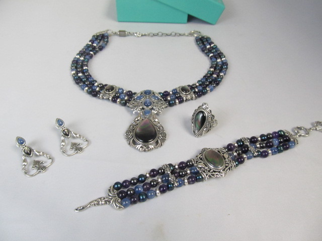lot 170 image: Sterling Silver Opal & Gemstone Pendant Necklace Bracelet Ring & Earrings