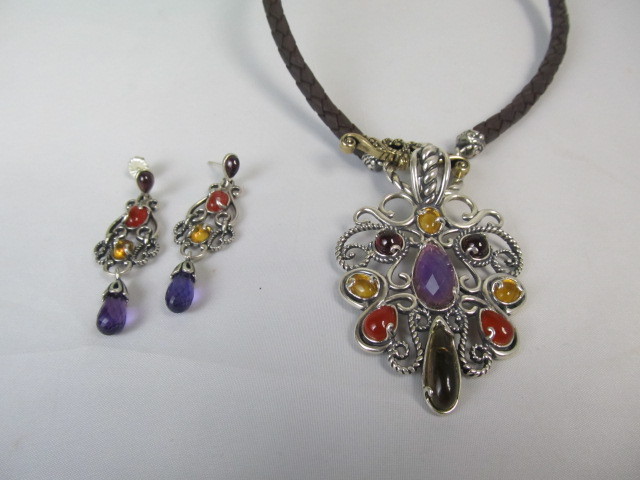 lot 178 image: Sterling Silver Amethyst & Multi Gemstone Pendant Necklace & Earrings