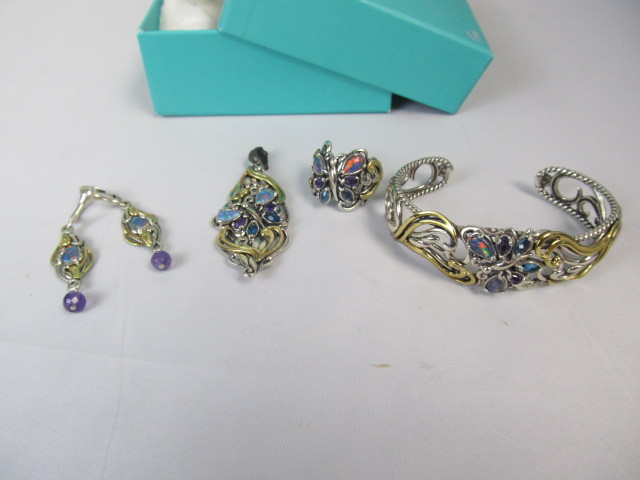 lot 179 image: Sterling Silver Opal Amethyst Topaz Butterfly Pendant Bracelet Ring & Earrings