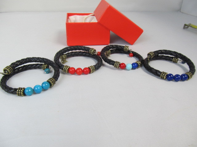 lot 183 image: 4 Leather Bracelets wCoral Turquoise Lapis 