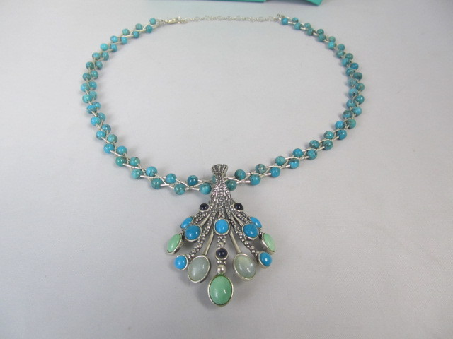 lot 186 image: Sterling Silver Turquoise & Multi Gemstone Pendant Necklace