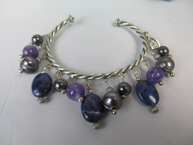 lot 188 image: Sterling Silver Blue Purple Multi Gemstone & Pearl Bracelet