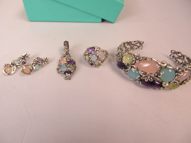 lot 189 image: Sterling Silver Multi Gemstone Pendant Bracelet Ring & Earrings
