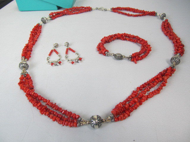 lot 191 image: Sterling Silver & Triple Strand Red Coral Necklace Bracelet & Earrings
