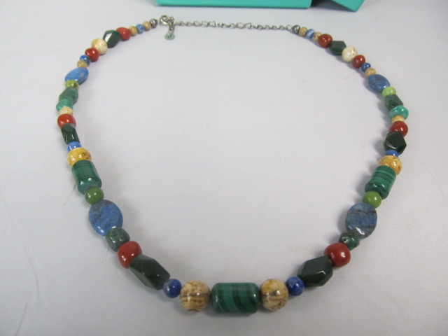 lot 198 image: Multi Colored Polished Gemstone & Sterling Silver Necklace
