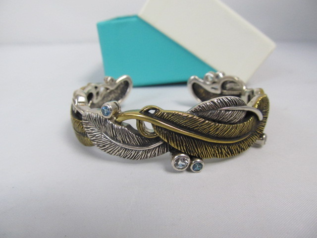 lot 210 image: Sterling Silver Brass & Gemstone Cuff Bracelet