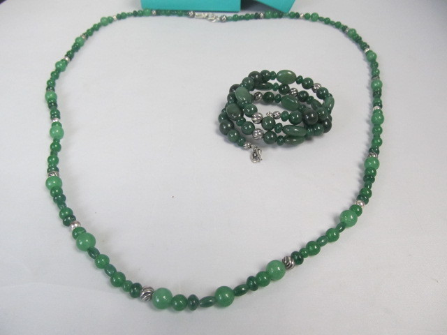 lot 213 image: Multi Green Gemstone & Sterling Silver Necklace & Bracelet