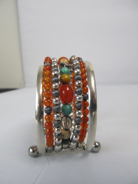 lot 217 image: Sterling Silver Rodeo 7-Row Multi Gemstone Cuff Bracelet