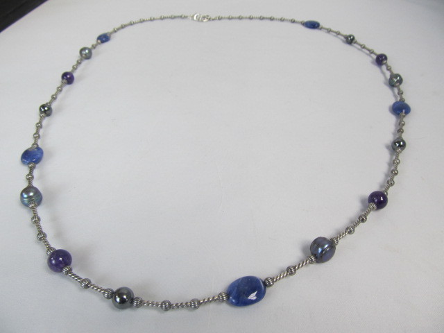 lot 221 image: Sterling Silver Lapis Amethyst & Pearl Necklace