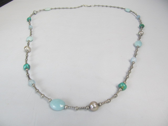 lot 223 image: Sterling Silver Pearl & Multi Green Stone Necklace