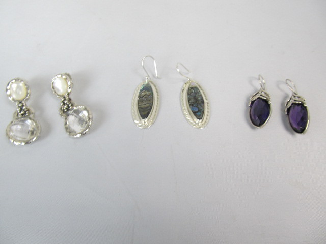 lot 232 image: 3 Pairs of ATI Sterling Silver Earrings - Amethyst Abalone etc.
