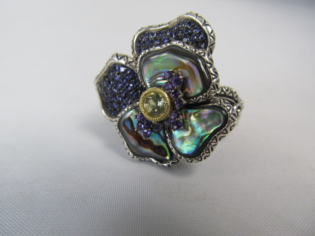 lot 237 image: Sterling Silver & 18K Gold Ring wAbalone & Amethysts