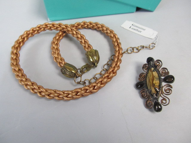 lot 250 image: Brass & Leather Necklace wJasper & Sterling Silver Pendant