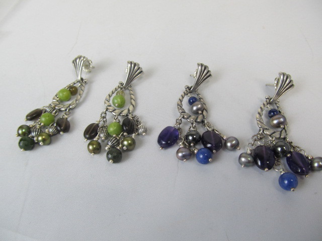 lot 257 image: 2 Pairs of Sterling Silver & BlueGreen Gemstone Earrings