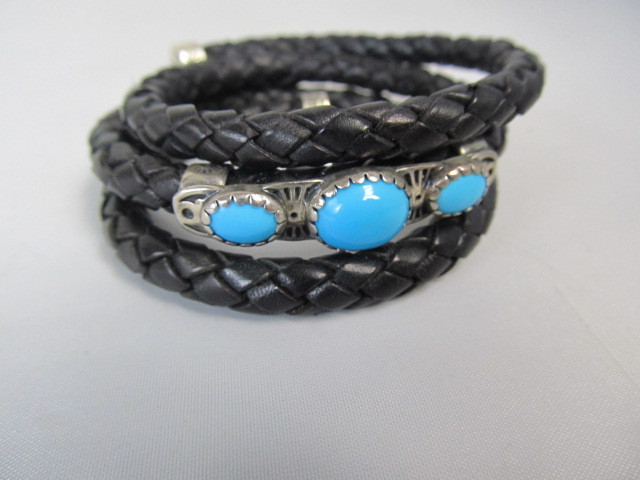 lot 260 image: Leather Sterling Silver Sleeping Beauty Turquoise Bracelet