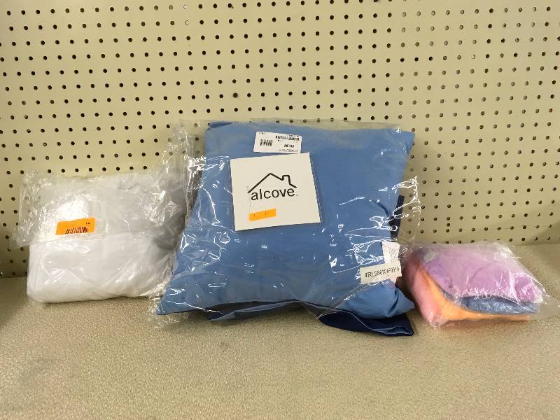 PILLOW, WHITE CURTAIN, AND WASHCLOTHS