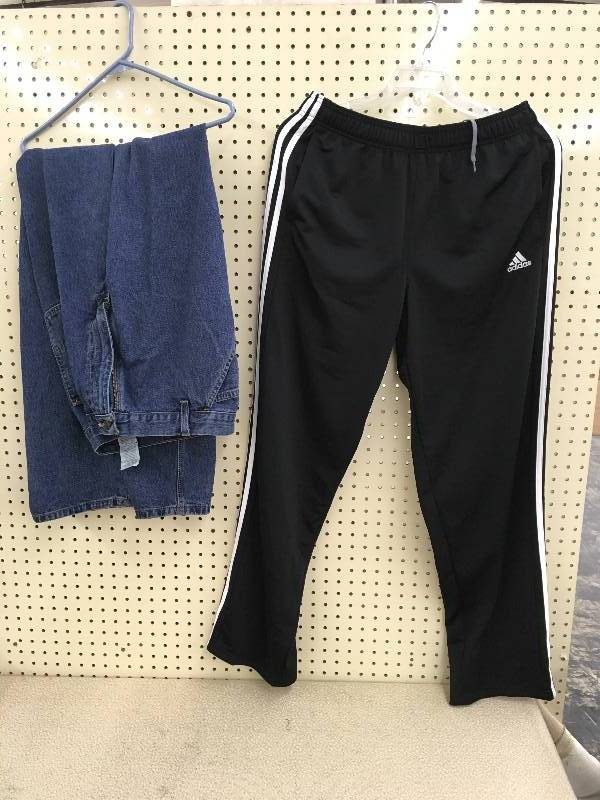 MENS LARGE BLACK AND WHITE ATHLETIC PANTS AND MENS 38X30 JEANS