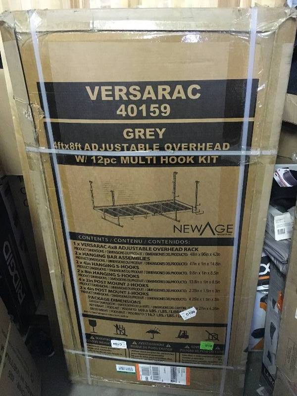 NewAge Products Versaac 96 in. L x 48 in. W x 42 in. H Adjustable Ceiling Storage Rack with 12-Piece Hooks in Grey New