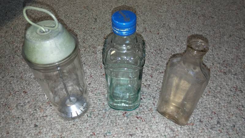 Old Bottles, Vintage Cigar Case, Vintage Match Holder and Can Crusher