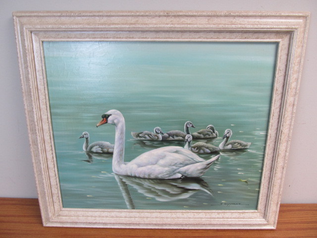 lot 63 image: Signed Original Oil on Canvas Swan Painting