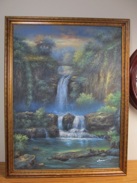 lot 64 image: LARGE Signed Waterfall Scene Oil on Canvas Painting