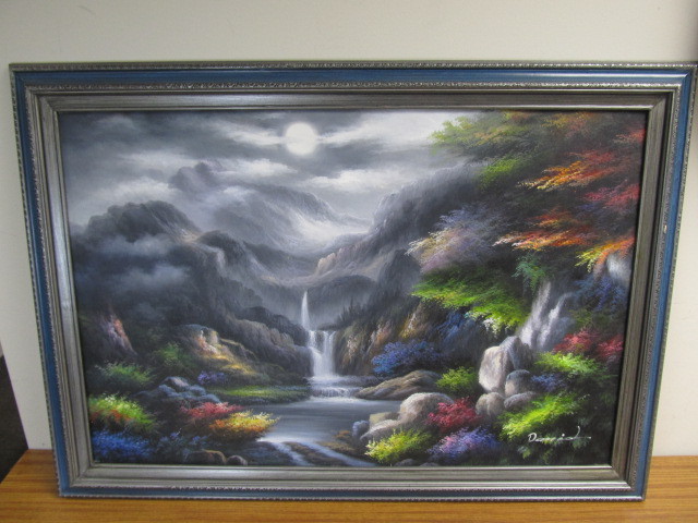 lot 66 image: Signed Original Oil on Canvas Waterfall Scene Painting