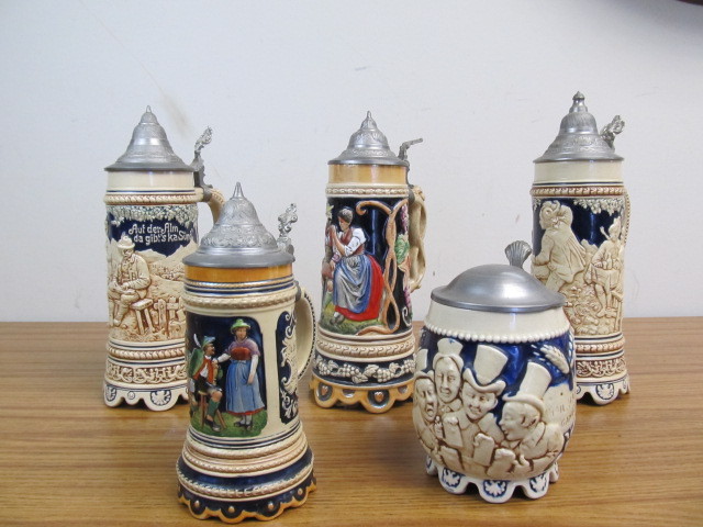 lot 71 image: Lot of 5 Vintage German Musical Beer Steins