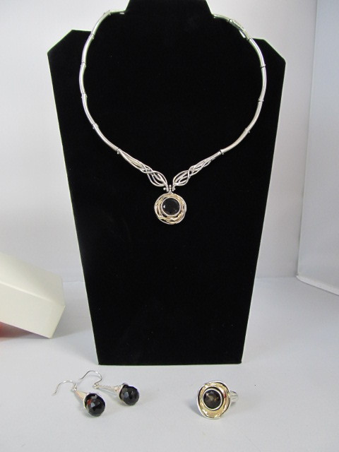 lot 101 image: Hagit Gorali Sterling Silver & 14K Gold Statement Necklace Ring & Earrings
