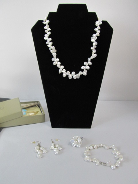 lot 102 image: Honora Genuine White Pearl & Sterling Silver Necklace Bracelet Ring & Earrings