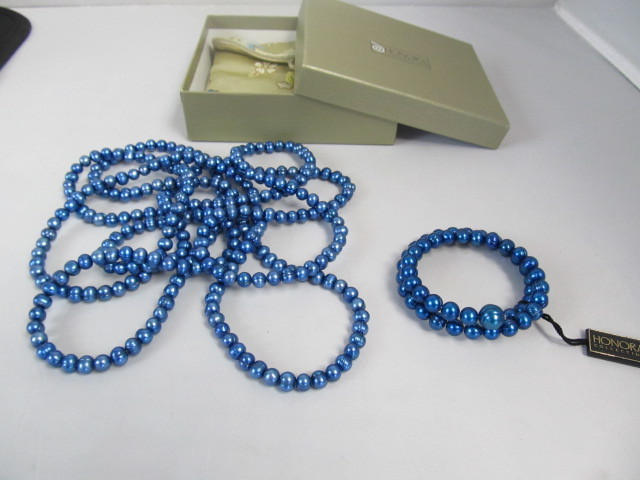 lot 107 image: Honora 78 Genuine Cobalt Blue Strand of Pearls wBracelet