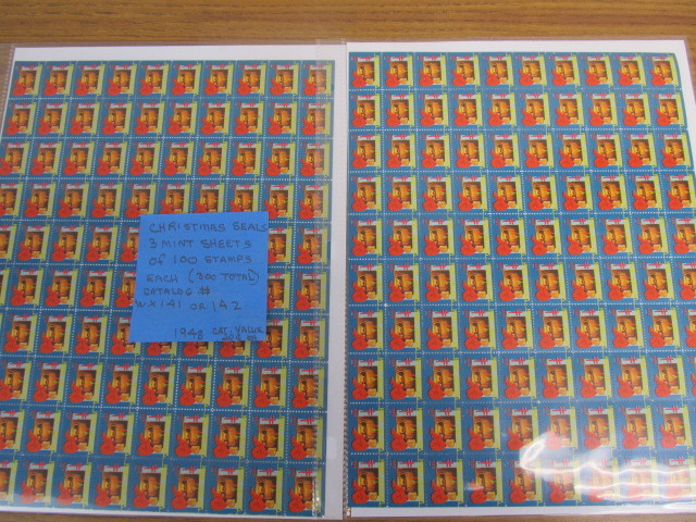 lot 174 image: 3 Mint Sheets of 100 Vintage US Christmas Seals