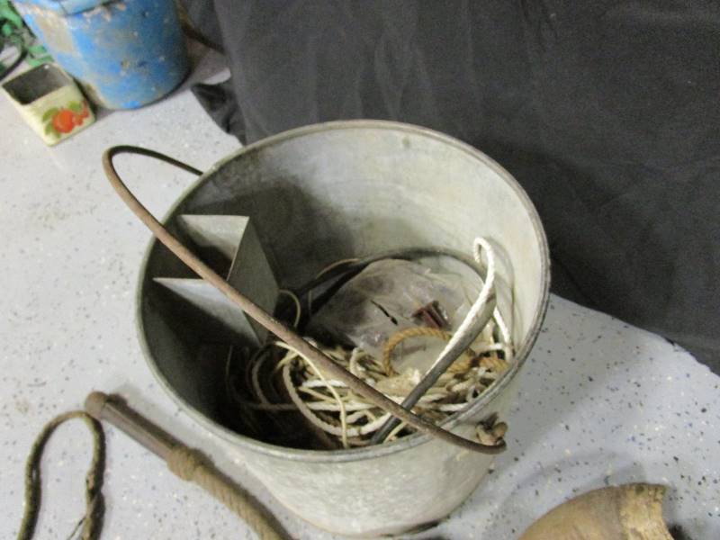 lot 38 image: Vintage Galv Bucket, Bull Whip, Horns