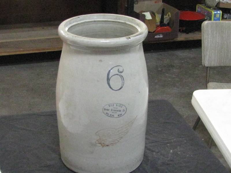 lot 9 image: Red Wing Union Stoneware 6gl Large Wing Oval Over Crock Butter Churn