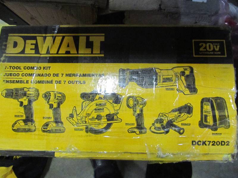 lot 15 image: DEWALT 20-Volt MAX Lithium-Ion Cordless Combo Kit (7-Tool) with (2) Batteries 2Ah, Charger and Contractor Bag
