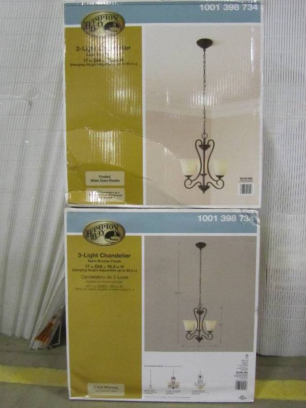 lot 44 image: Hampton Bay 3-Light Satin Bronze Finish Interior Chandelier (x2)