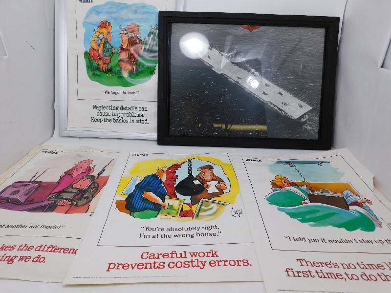 lot 33 image: Framed Picture of the U.S.S. Leyte and 4 Vintage Herman Posters