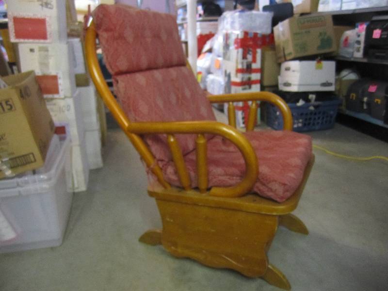 lot 278 image: Wood Glider Chair with Cushion Work...