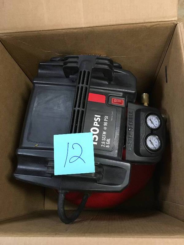 lot 12 image: Porter Cable 0.8 HP 6 Gallon Oil-Free Pancake Air Compressor  in working conditions